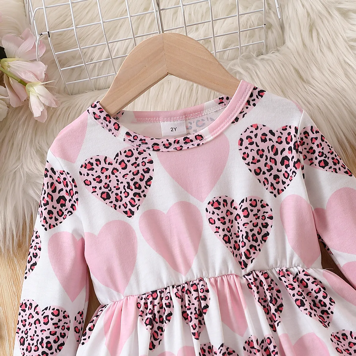Toddler Girl Heart-shaped Dress with Long Sleeves Color block big image 1