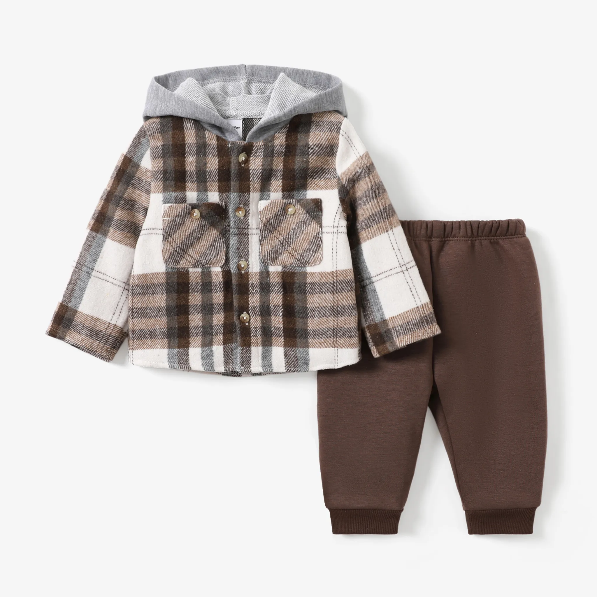 2pcs Baby Boy Casual Plaid Pattern Patch Pocket Hooded Set