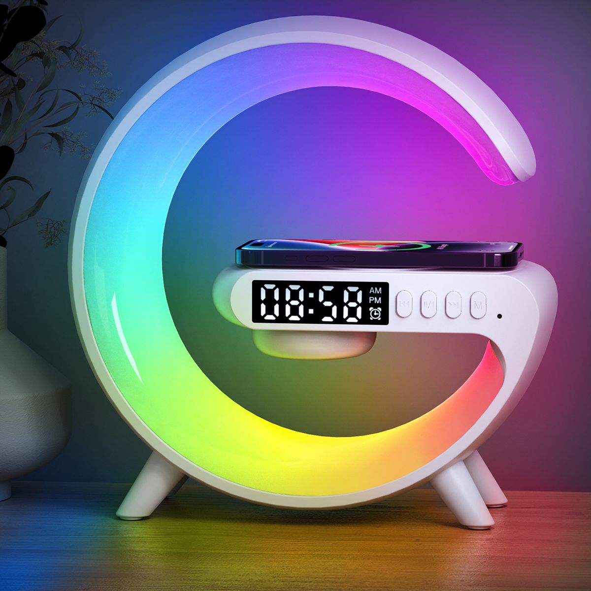 Wireless Charging Bluetooth Speaker with Colorful LED Night Light in Large G Shape