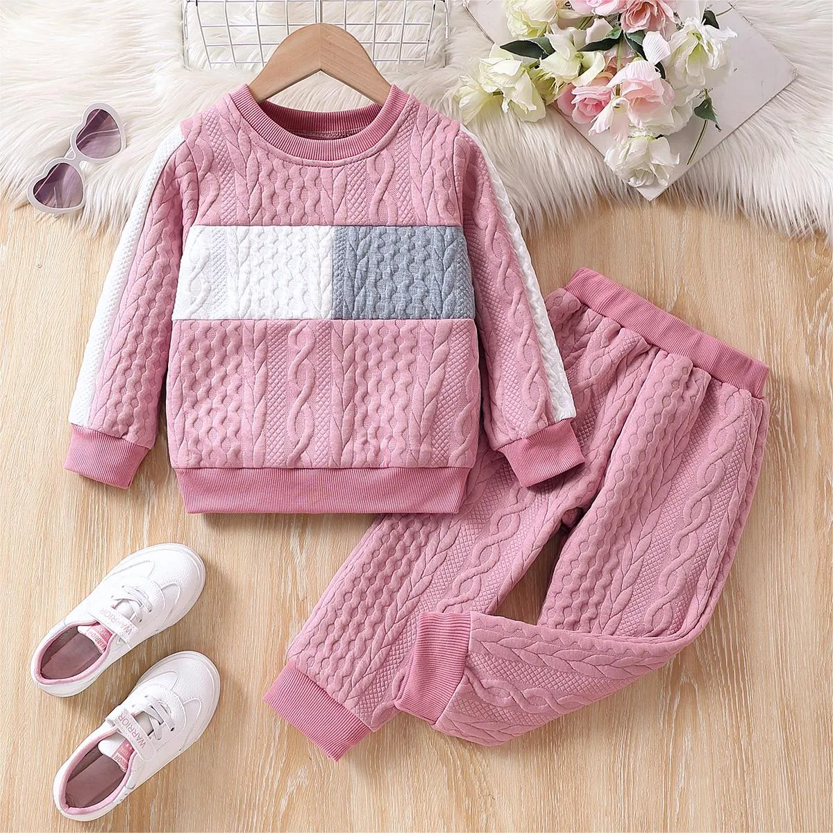 2pcs Toddler Girl Colorblock Fabric Stitching Texutured material Casual Set