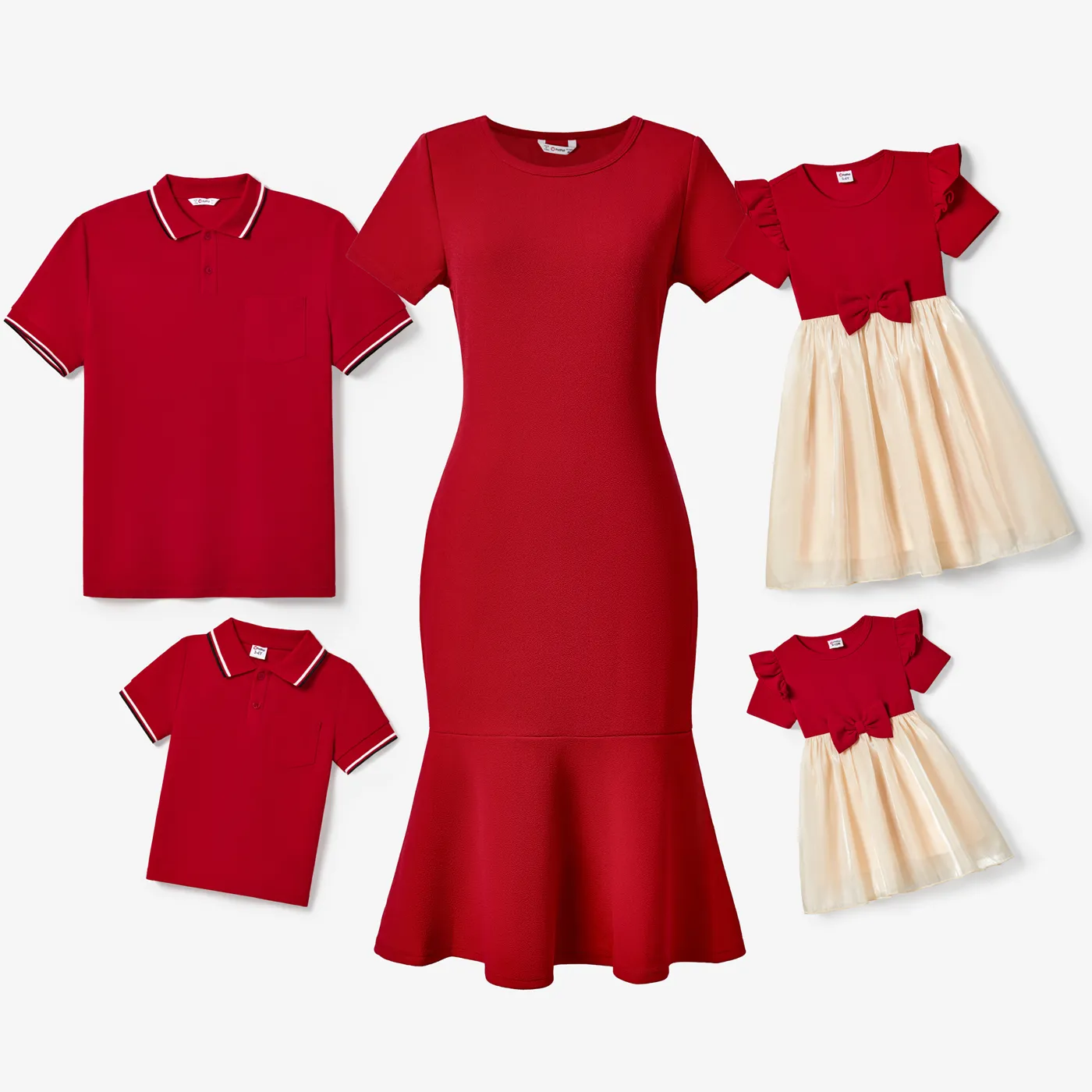 Family Matching Solid Color Short-sleeve Laper-collar Tops and Mermaid/Mesh Dresses Sets  image 2