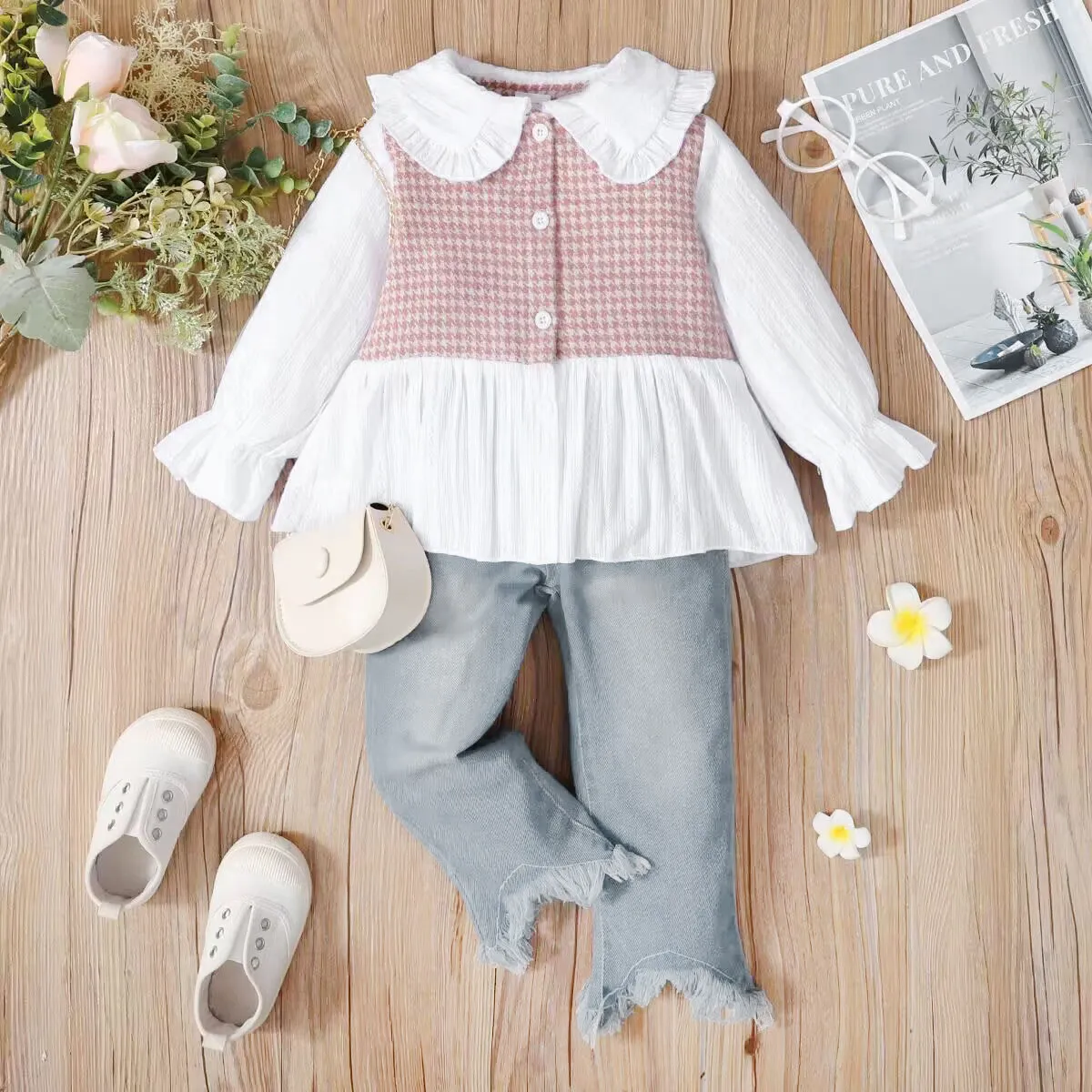 2-piece Toddler Girl Doll Collar Tweed Splice Long-sleeve Top and Ripped Hem Denim Jeans Set Pink big image 1