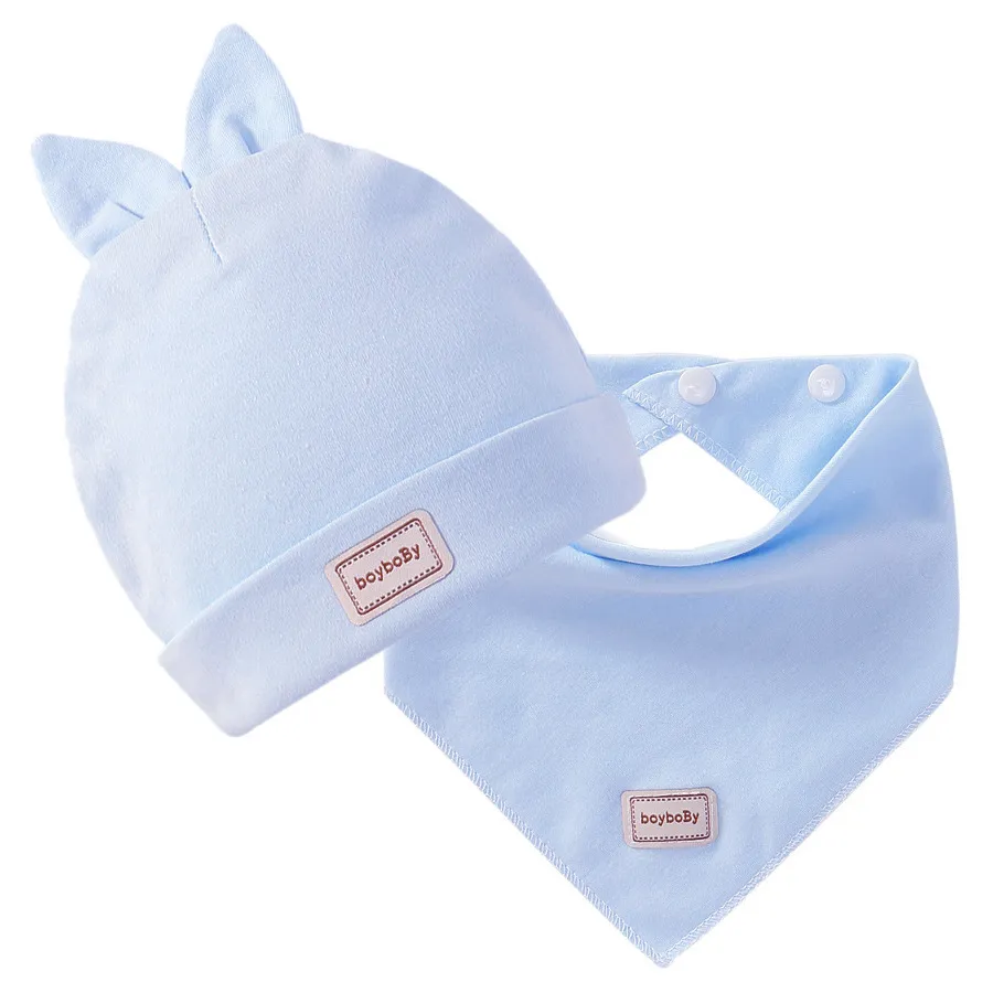 Ensemble De Bonnet Et De Serviette Buccale En Coton Peigné De Couleur Unie Pour Bébé