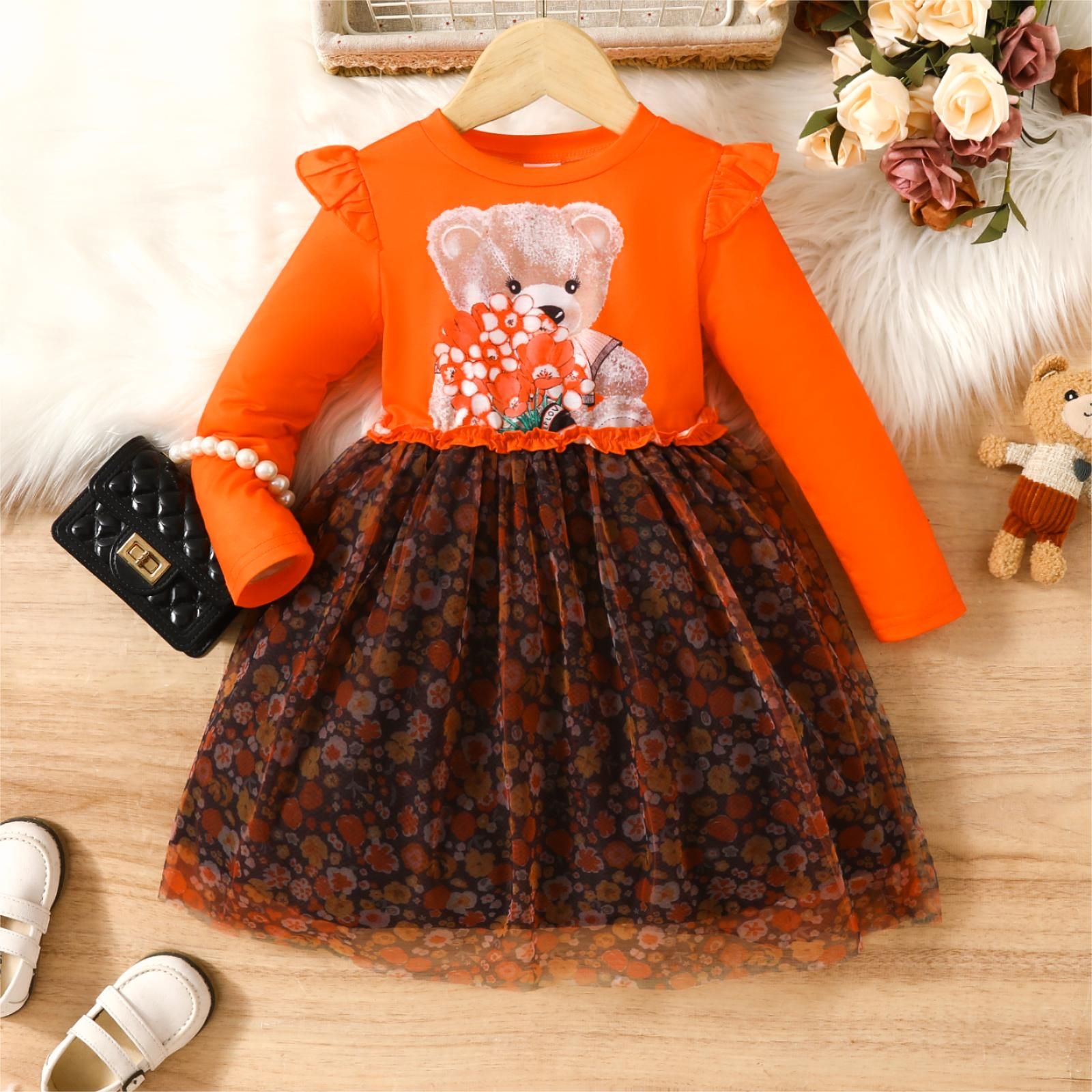Toddler Girl's 100%Cotton Animal Pattern Flutter Sleeve Multi-layer Mesh Dress