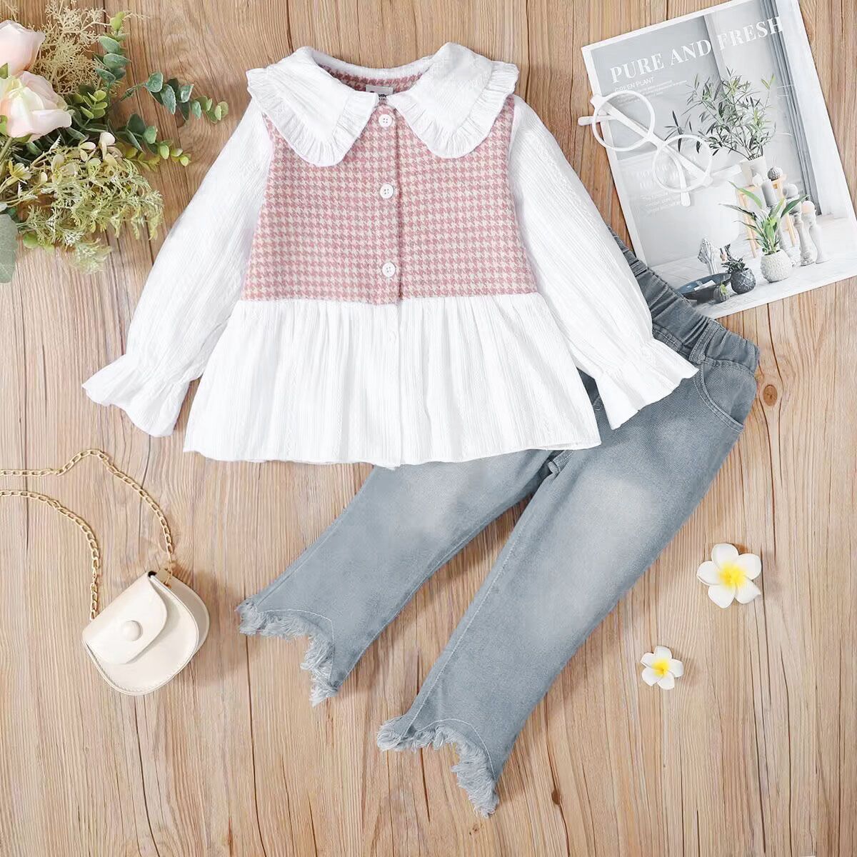 2-piece Toddler Girl Doll Collar Tweed Splice Long-sleeve Top and Ripped Hem Denim Jeans Set