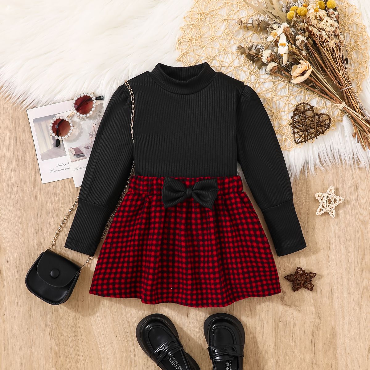 Toddler Girl Stand Collar Puff Sleeves Tshirt And Red Plaid Preppy Style Skirt Set