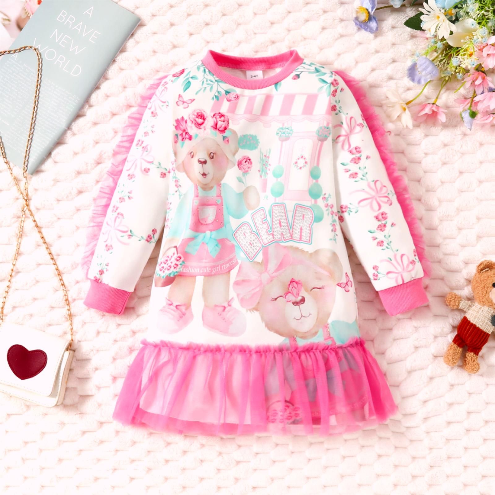 Toddler Girl Cotton Animal Floral Pattern Bear Ruffle Mesh Stitching Dress