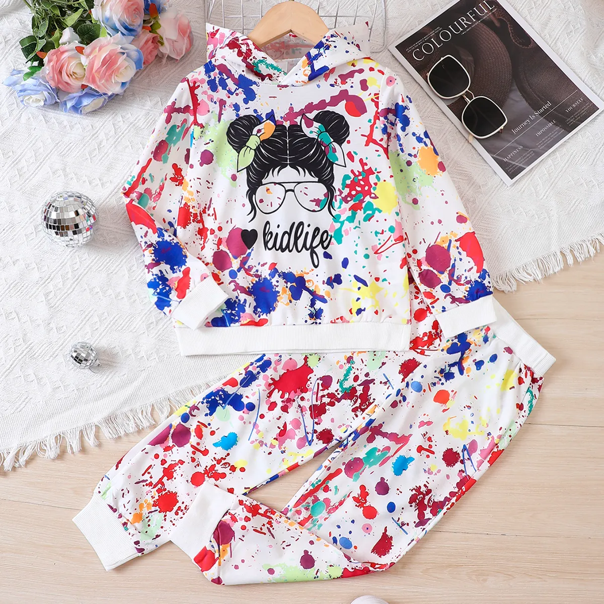 2pcs Kid Girl Character Colorful Tye-dyed Hoodie and Pants Suit