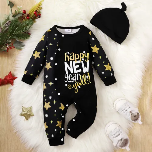 2pcs Baby Girl/Boy New Year Letter and Stars Pattern Fabric Stitching Jumpsuit