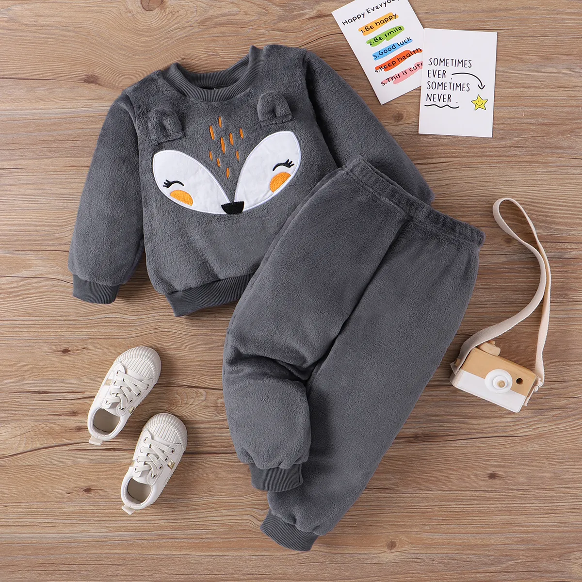 2-piece Toddler Girl/Boy Fox Pattern Ear Design Fuzzy Sweatshirt and Pants Set  big image 1
