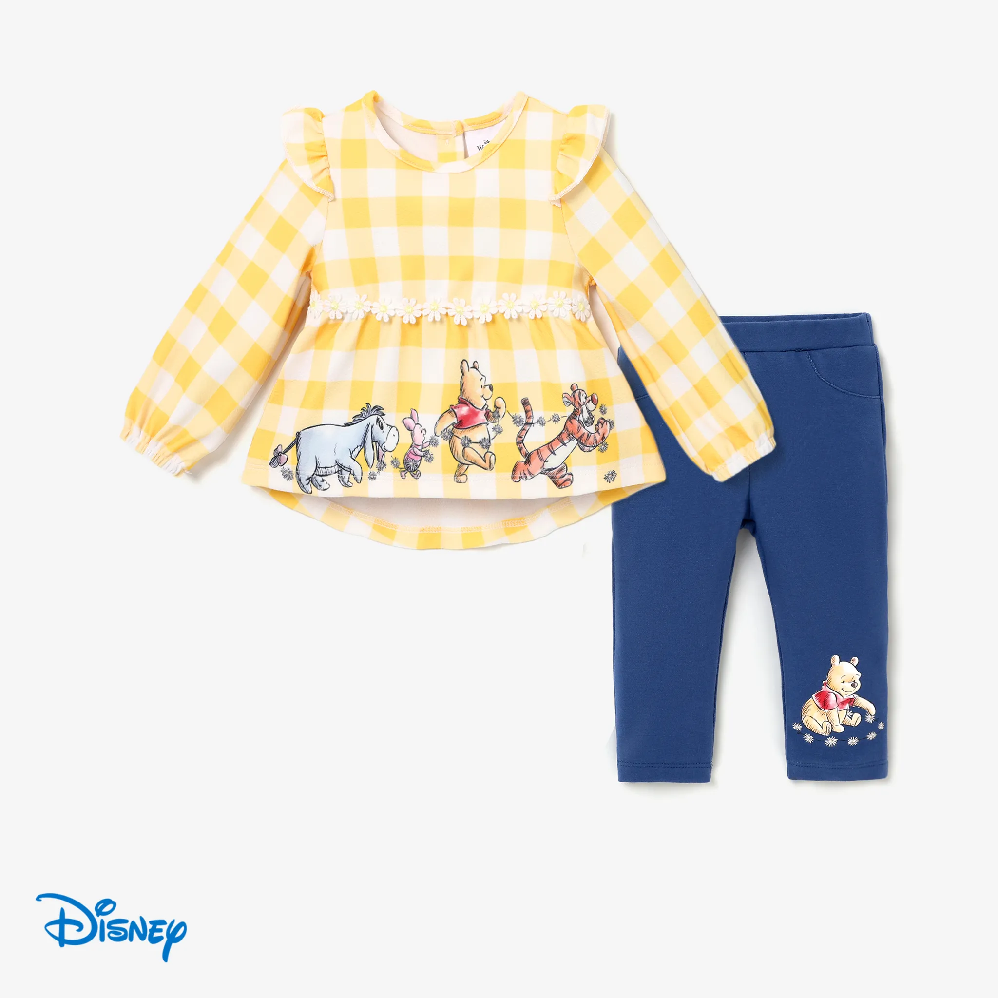 迪士尼小熊維尼角色圖案格子上衣搭配或搭配針織彈力牛仔褲