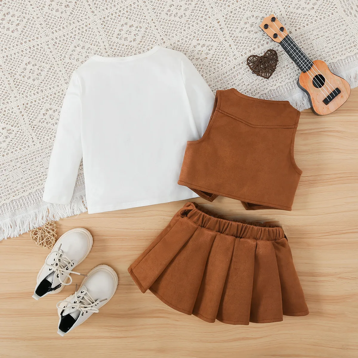  4pc Toddler Girl's Tassel Letter Suit Cowboy Dress Set with Belt and Vest Brown image 3
