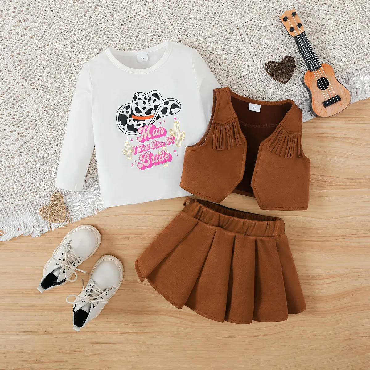  4pc Toddler Girl's Tassel Letter Suit Cowboy Dress Set with Belt and Vest Brown big image 1