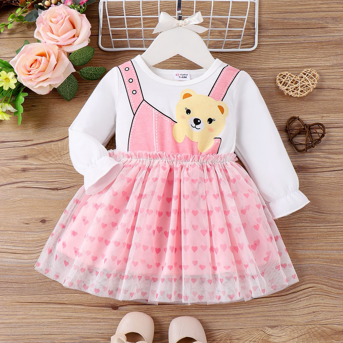 Baby Girl Sweet Bear Animal Pattern Mesh Layered Dress