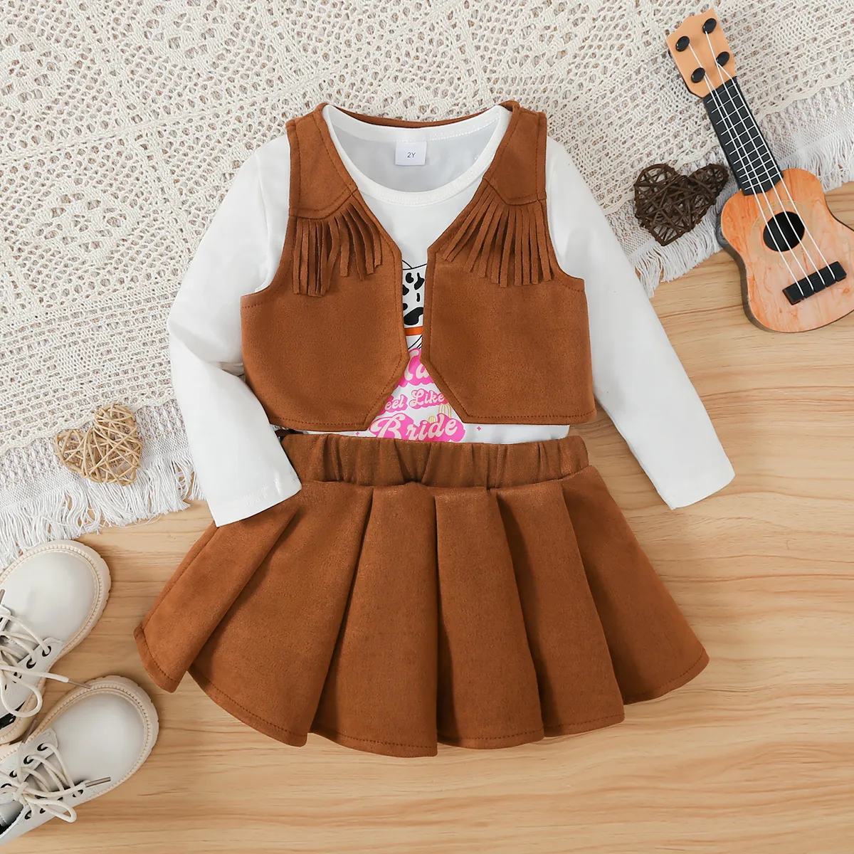  4pc Toddler Girl's Tassel Letter Suit Cowboy Dress Set with Belt and Vest Brown image 2
