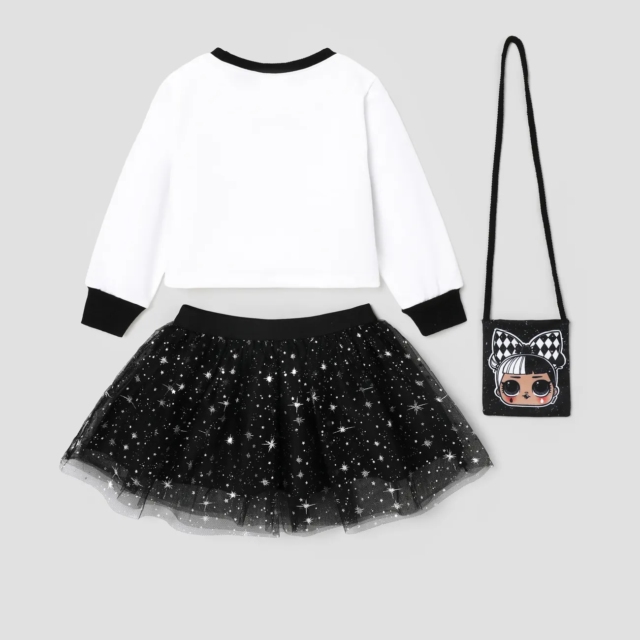 L.O.L. SURPRISE! Toddler Girl Glitter Hem Character Pattern Top with Crossbody Bag Skirt Suit  BlackandWhite big image 1