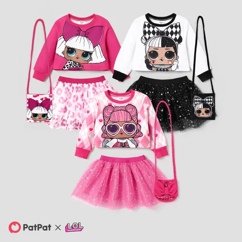 L.O.L. SURPRISE! Toddler Girl Glitter Hem Character Pattern Top with Crossbody Bag Skirt Suit 