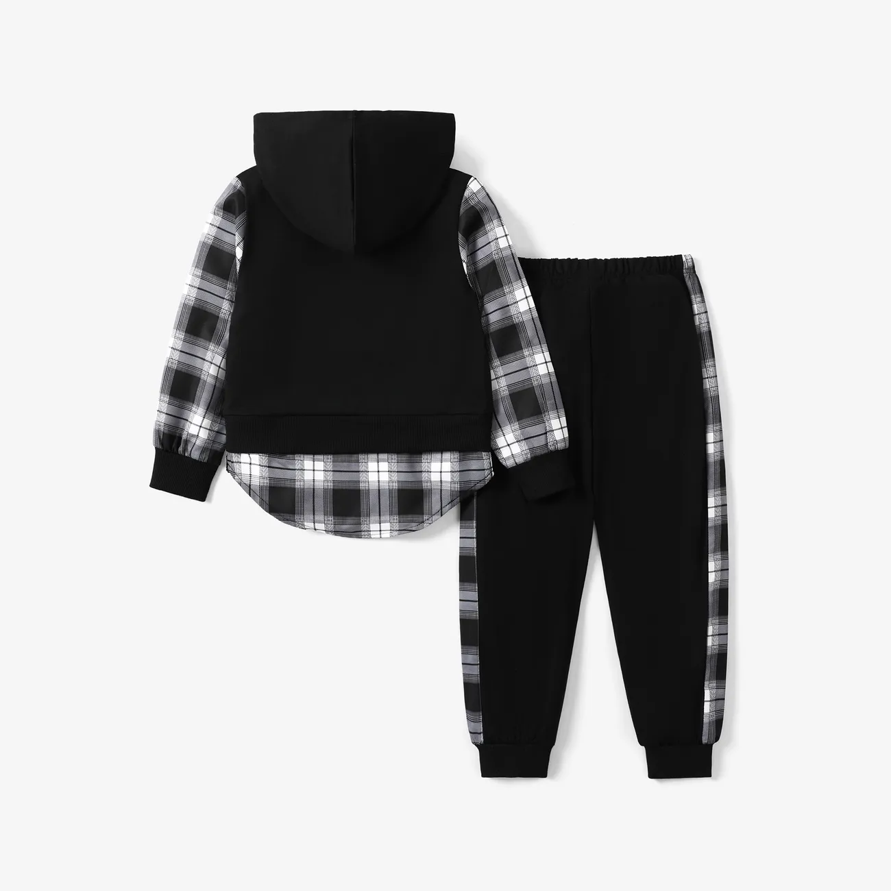 Kid Boy 2pcs Letter Print Spliced Hooded Sweatshirt and Sweatpants Set Black big image 1