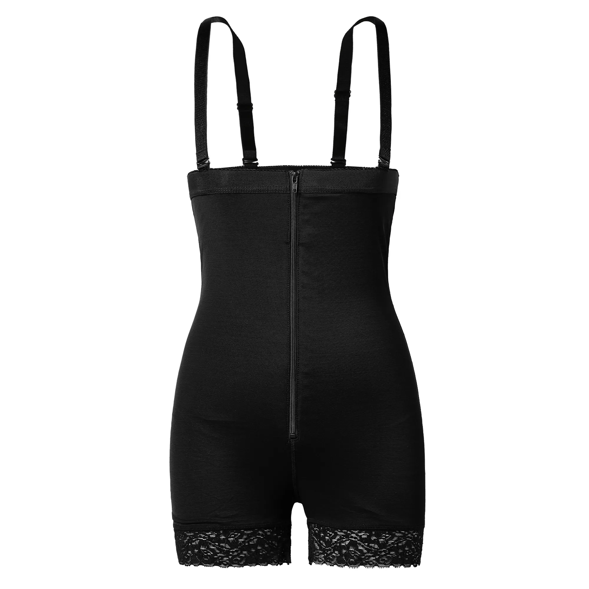 Women Shapewear Tummy Control Body Shaper Lace Trim Butt Lifting Shorts Zipper Open Bust Bodysuit