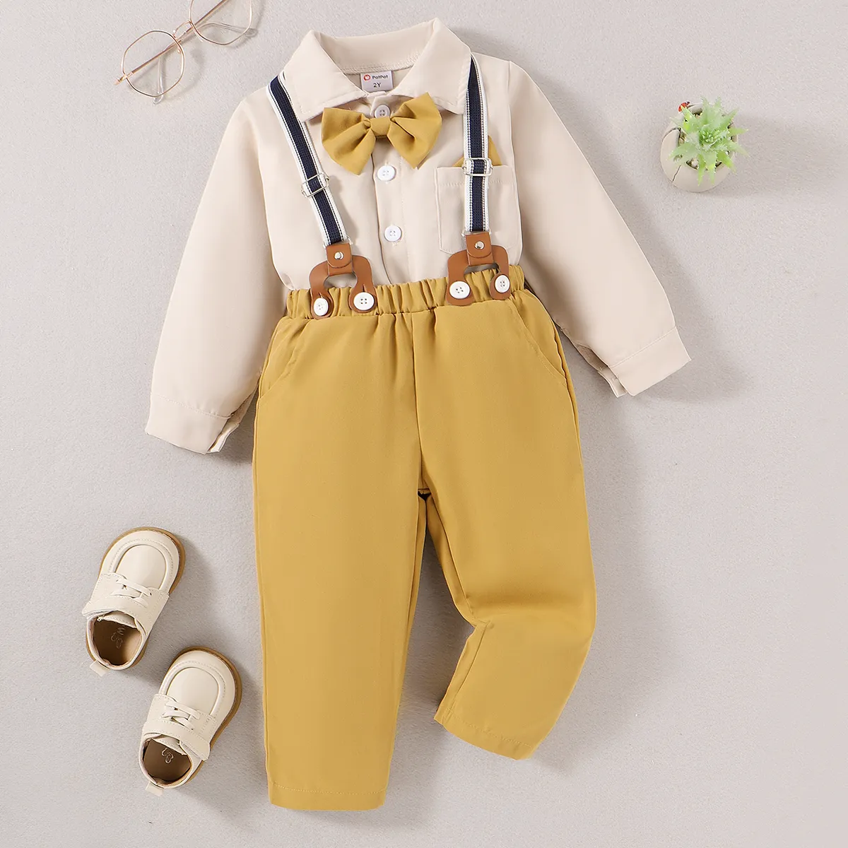 3pcs Toddler Boy Elegant Charming Bow Tie and Chest Pocket Lapel Set Almond Beige big image 1