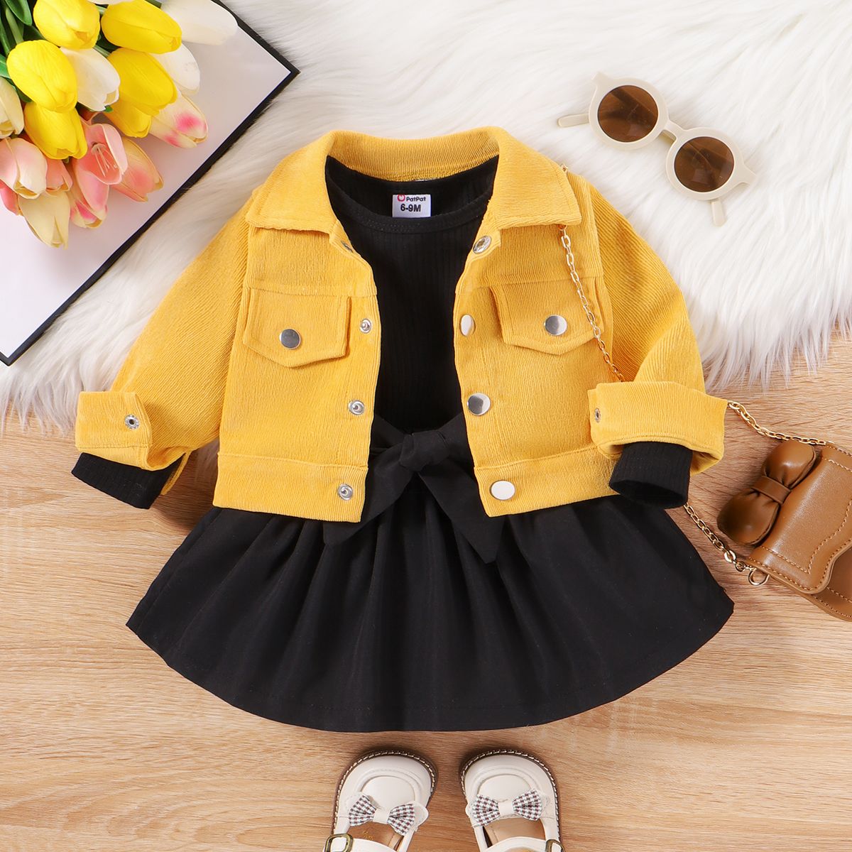 4pcs Sweet Baby Girls'  Solid Lapel Coat, Tshirt And Skirt Dress With Belt