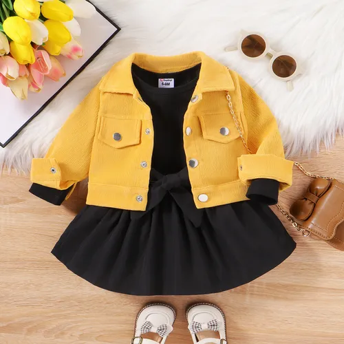 4pcs Sweet Baby Girls'  Solid Lapel Coat, Tshirt and Skirt Dress with Belt
