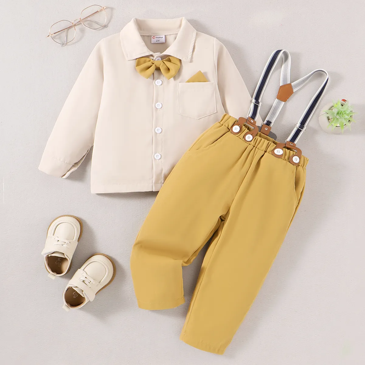 3pcs Toddler Boy Elegant Charming Bow Tie and Chest Pocket Lapel Set Almond Beige big image 1