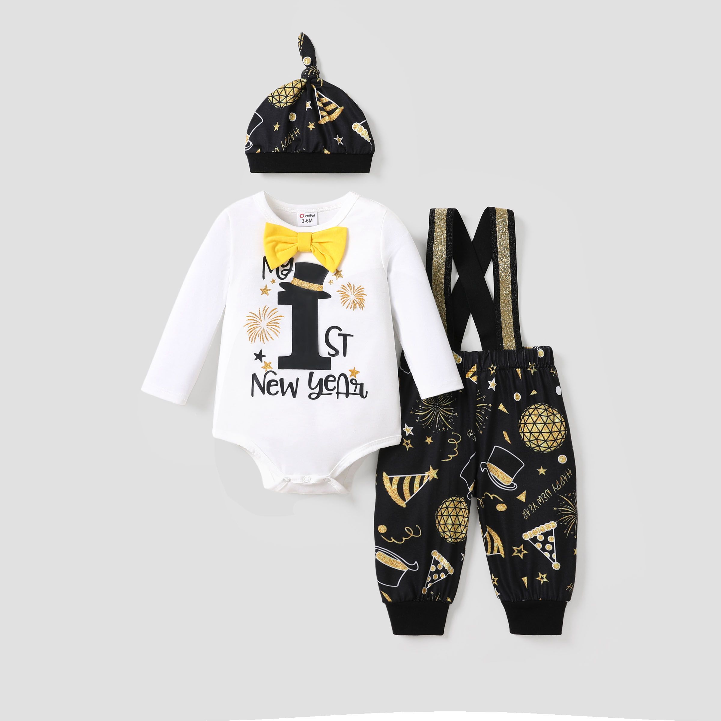 New Year 3pcs Baby Girl/Boy Childlike Tshirt And Hanging Strap Pants Set With Hat