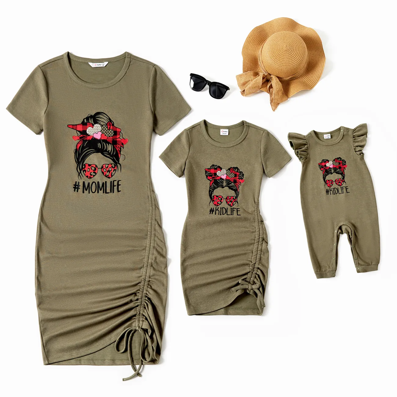 Valentine's Day Mommy and Me Ruched Drawstring Front Short Sleeves Army Green Dresses  Army green big image 1