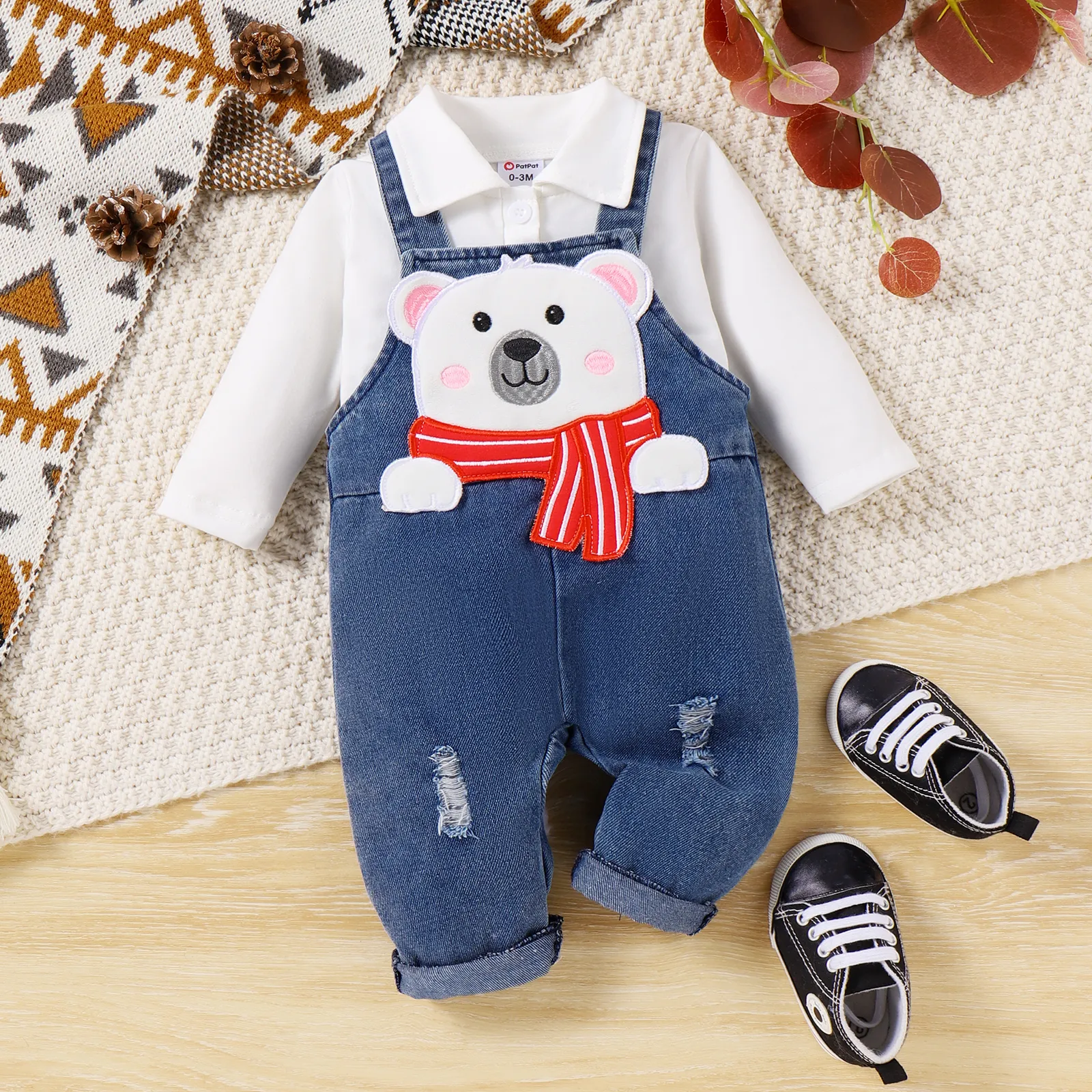 2pcs Baby Boy Christmas Bear Pattern Denim Set