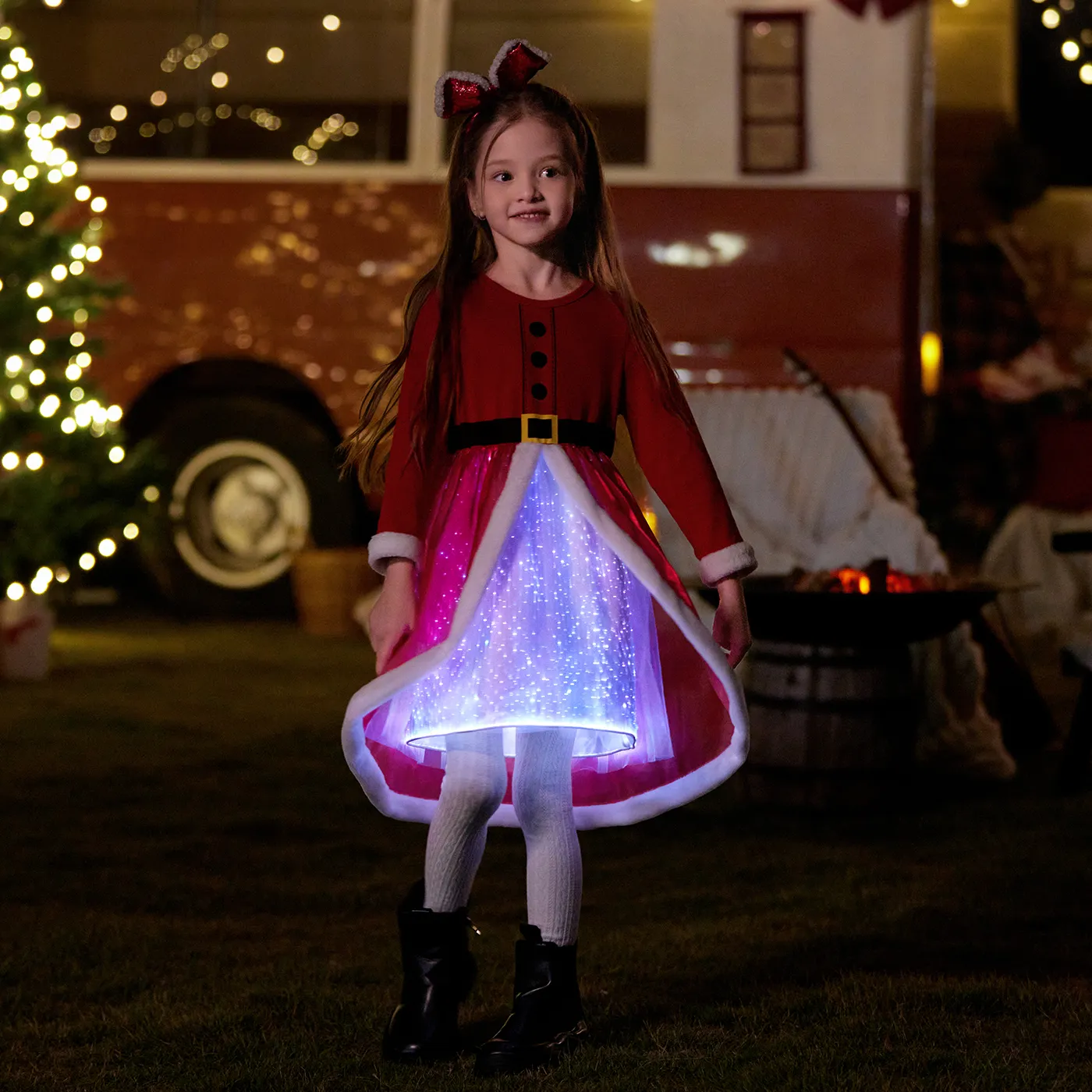 Go-Glow Christmas Family Matching Long-sleeve Tops With Santa Embroidery Glowing & Illuminating Dress With Light Up Skirt Including Controller (Built-