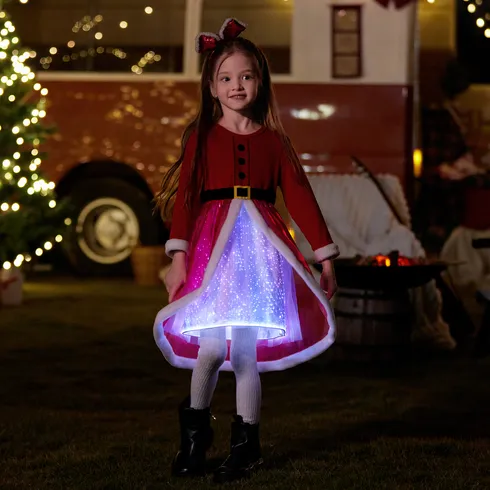 Go-Glow Christmas Family Matching Long-sleeve Tops with Santa Embroidery Glowing & Illuminating Dress with Light Up Skirt Including Controller (Built-In Battery) Red big image 2