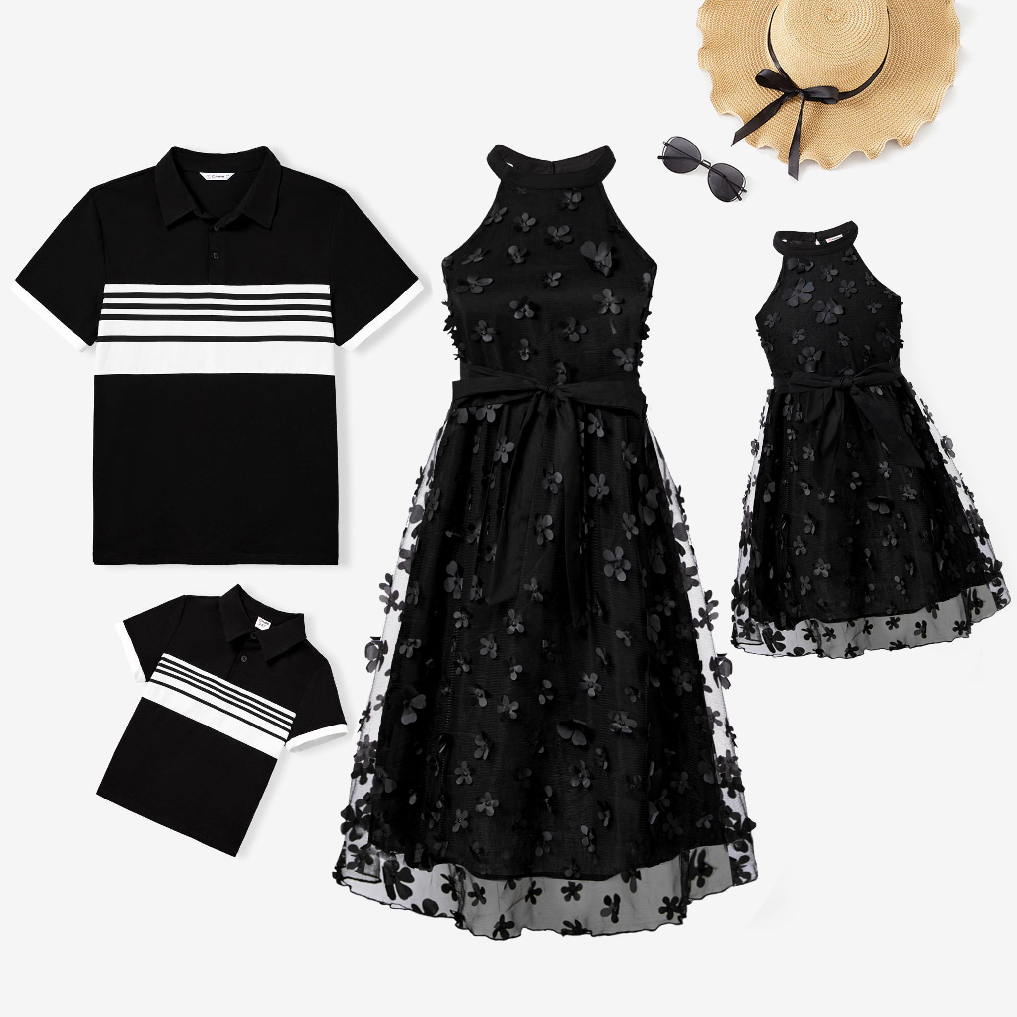 家庭配套條紋四分之一紐扣上衣和黑色高領掛脖 3D 花朵貼花網眼連衣裙套裝