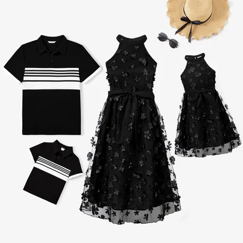 Top de un cuarto de botón a rayas a juego de la familia y conjuntos de vestido de malla con apliques de flores 3D de cuello alto negro
