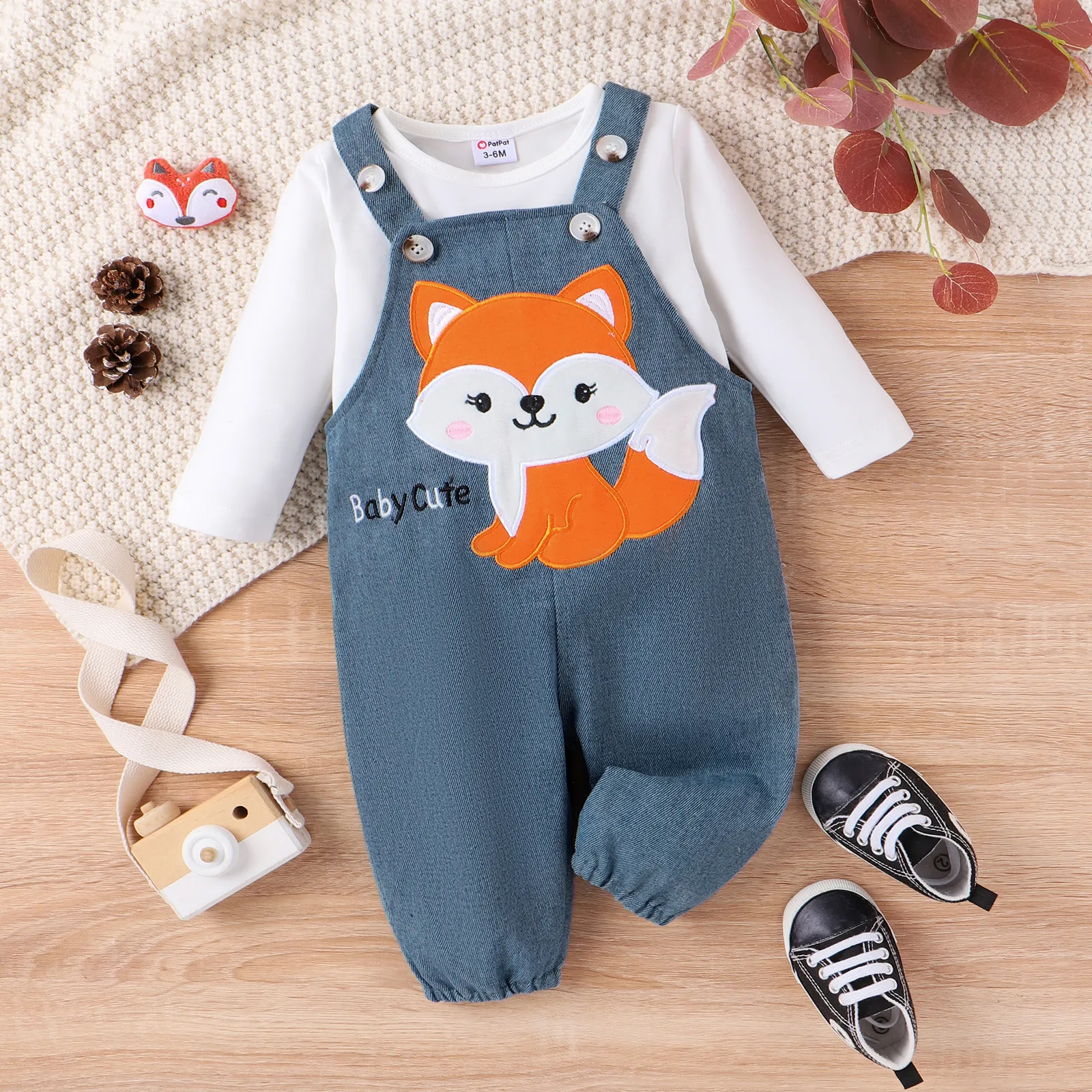 2pcs Baby Boy/Girl Childlike Giraffe Print Overalls Denim Set Bluish Grey