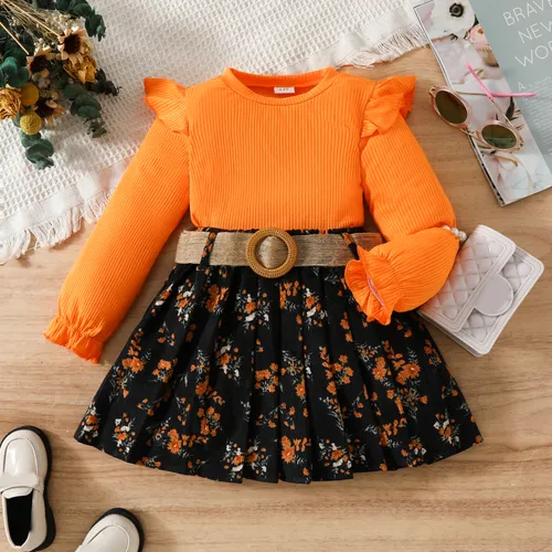 3pcs Toddler Girl Flutter Sleeve Tshirt and Broken Flower Pattern Skirt Dress with Belt