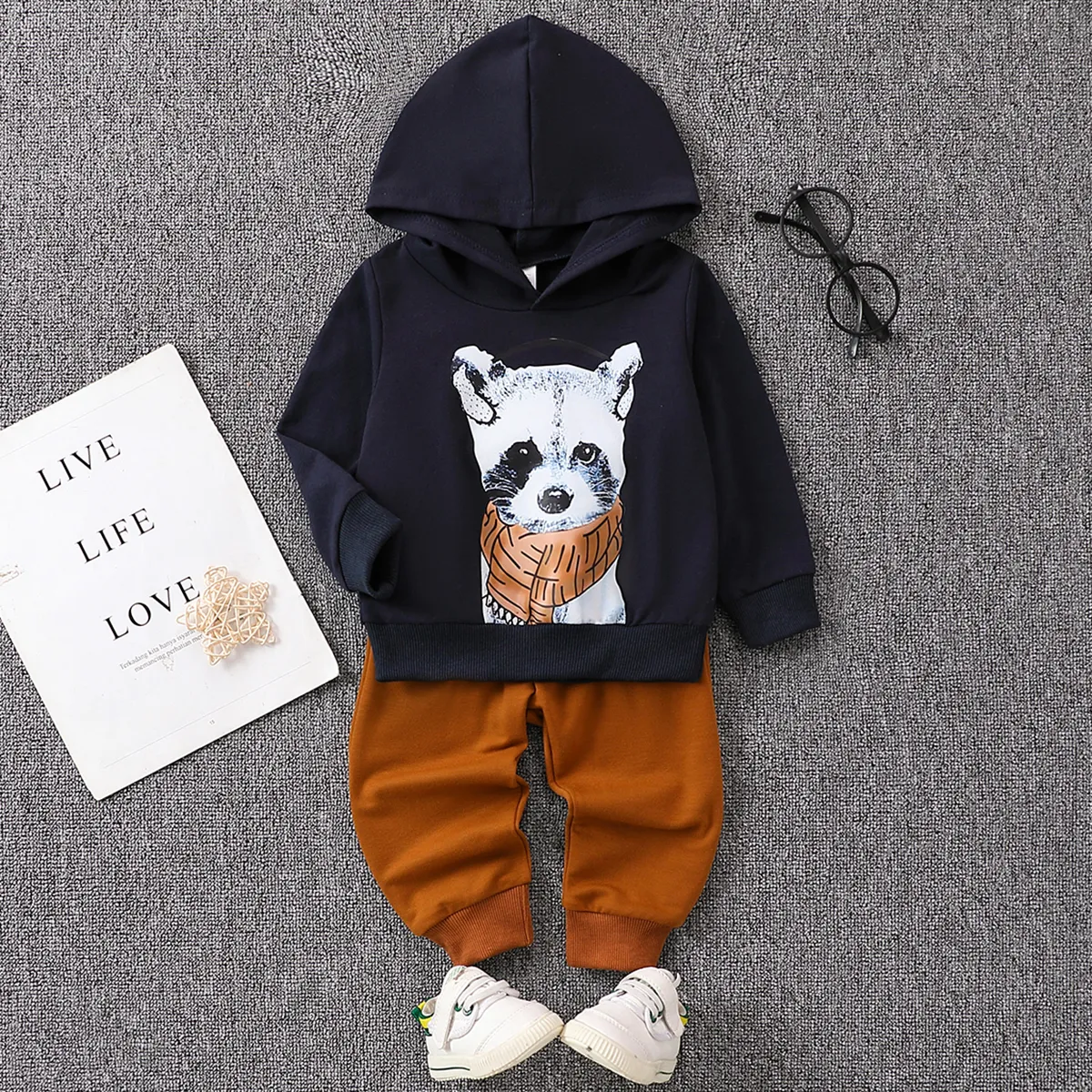 2pcs Toddler/Baby Boy Animal Pattern Hooded Set  Dark Blue