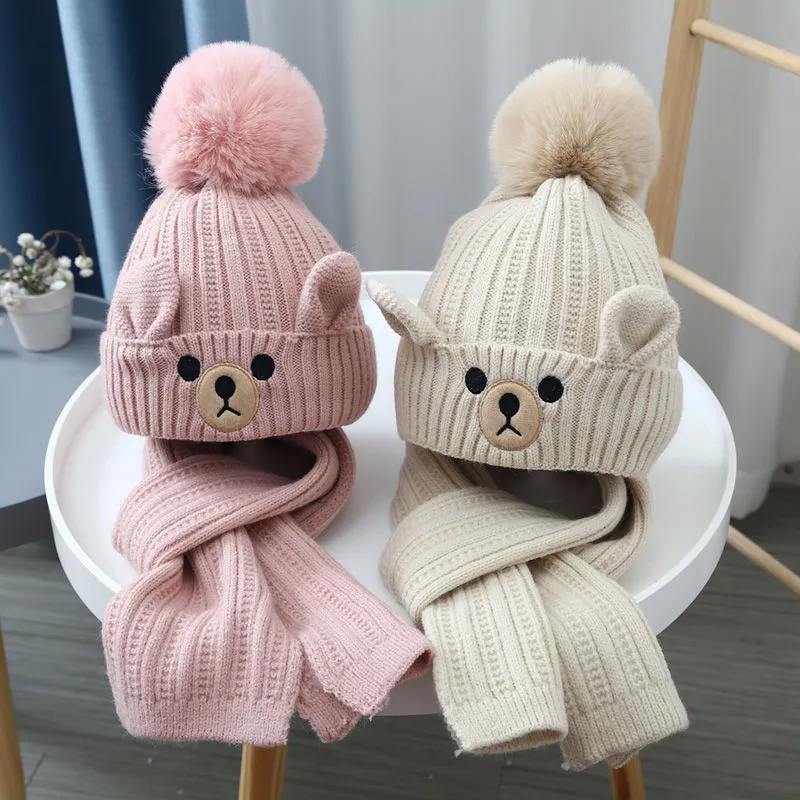 Toddler/kids Childlike Warm fleece knitted hat set Pink big image 1