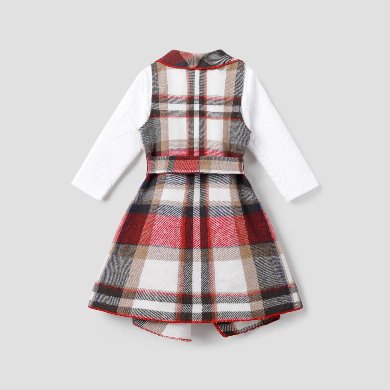 2pcs Kid Girl Basic Tshirt and Asymmetrical Hemline Grid/Houndstooth Dress Set with Belt Color block big image 1