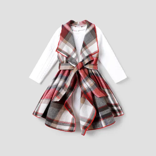 2pcs Kid Girl Basic Tshirt and Asymmetrical Hemline Grid/Houndstooth Dress Set with Belt