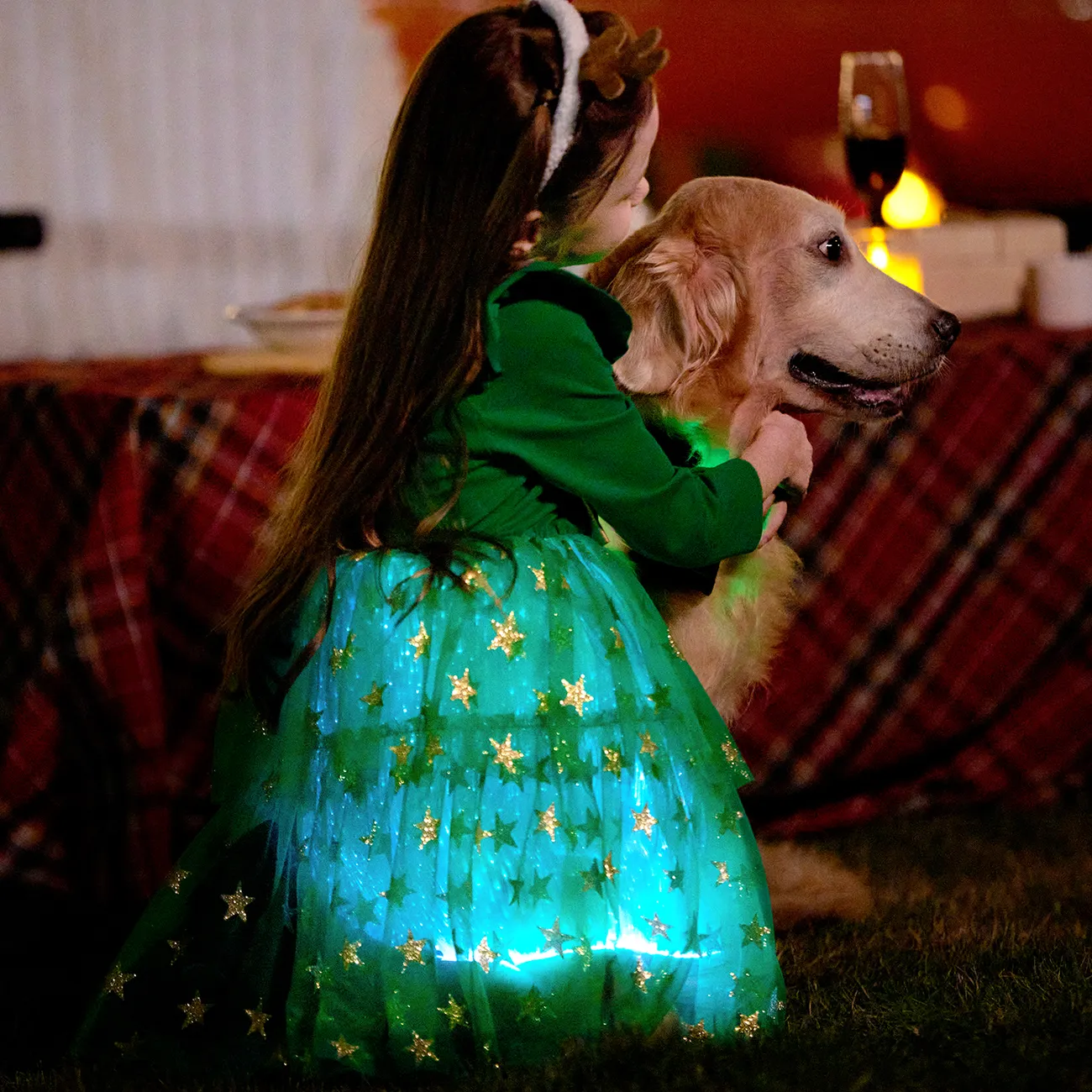 Go-Glow Christmas Family Matching Long-sleeve Tops with Christmas Tree glowing & Illuminating Dress with Light Up Skirt Including Controller (Built-In Battery) Green big image 1