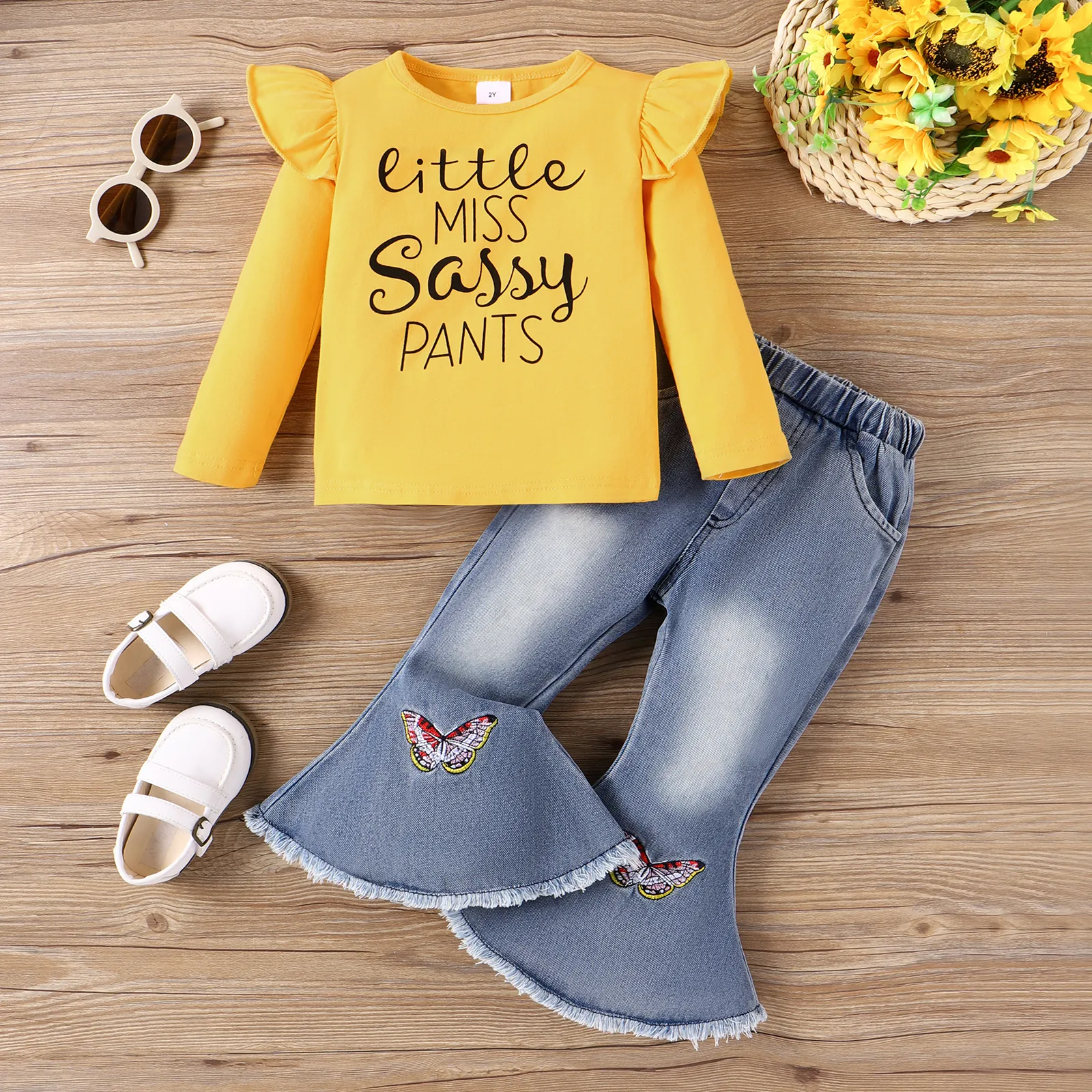 2pcs Toddler Girl Flutter Sleeve Letter Print Tshirt and Animal pattern Denim Flares Set
