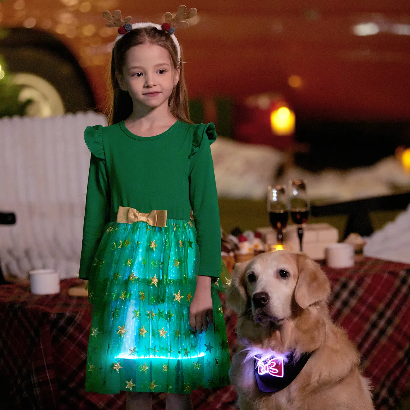 

Go-Glow Christmas Family Matching Long-sleeve Tops with Christmas Tree glowing & Illuminating Dress with Light Up Skirt Including Controller (Built-In
