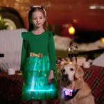 Go-Glow Christmas Family Matching Long-sleeve Tops with Christmas Tree glowing & Illuminating Dress with Light Up Skirt Including Controller (Built-In Battery) Green