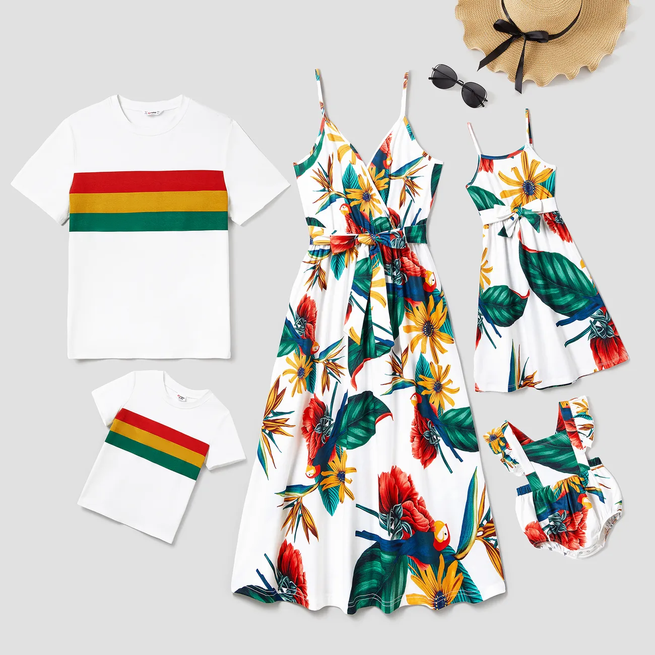 Family Matching Tropical Leaf and Floral printed Dress and Triple Color Stripe Top Sets White big image 1