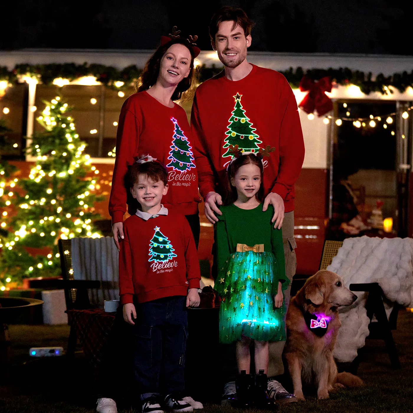 Go-Glow Christmas Family Matching Long-sleeve Tops with Christmas Tree glowing & Illuminating Dress with Light Up Skirt Including Controller (Built-In Battery)