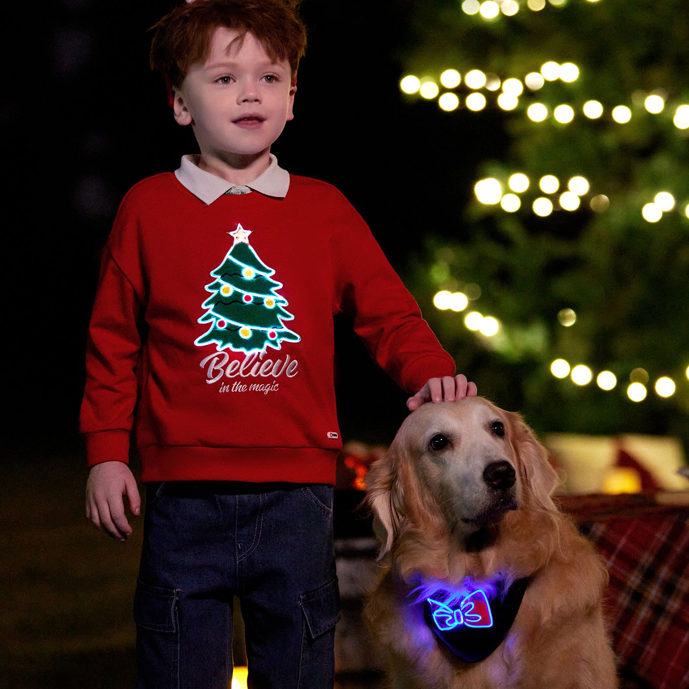 Go-Glow Christmas Family Matching Long-sleeve Tops with Christmas Tree glowing & Illuminating Dress 