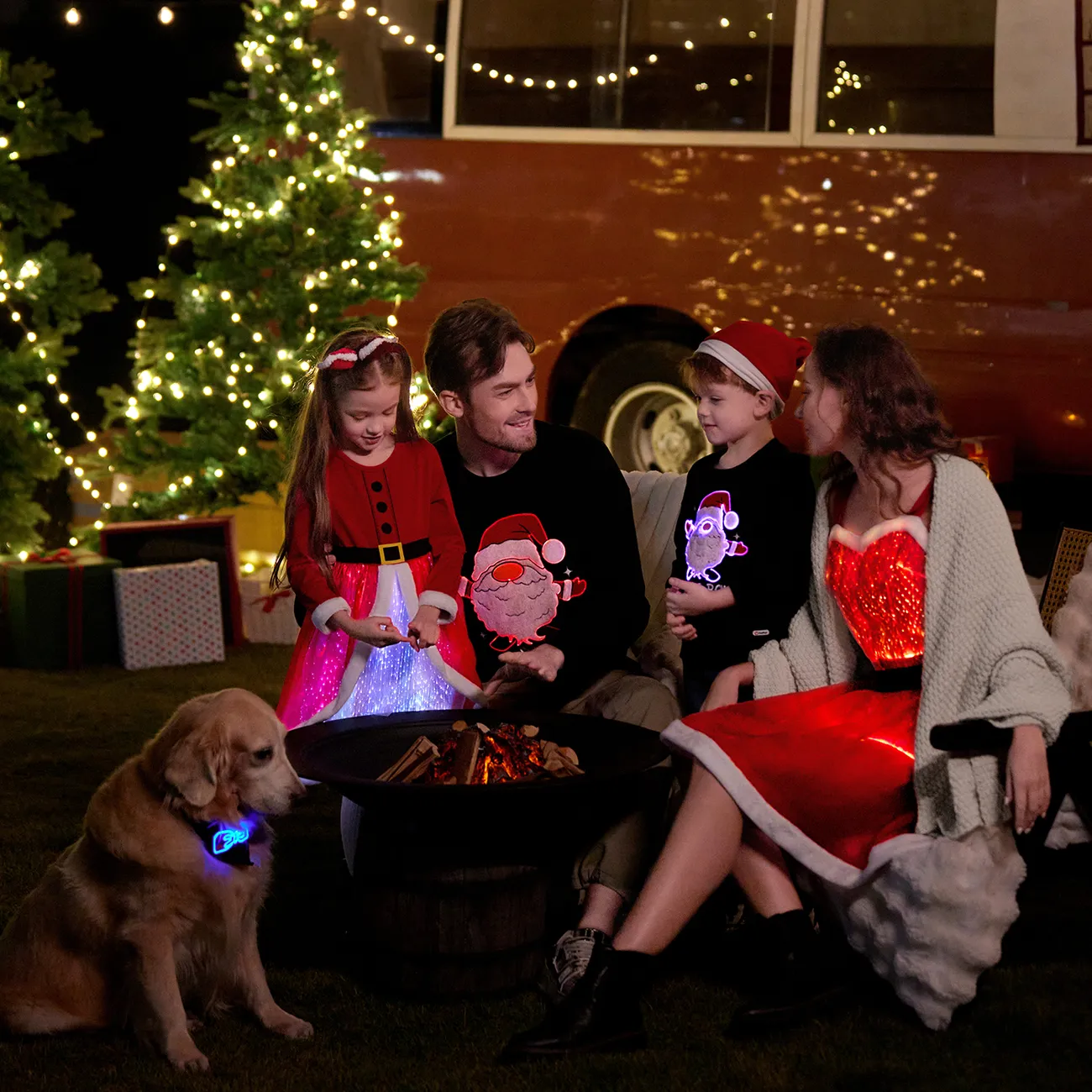 Go-Glow Christmas Family Matching Long-sleeve Tops with Santa Embroidery Glowing & Illuminating Dress with Light Up Skirt Including Controller (Built-In Battery) Black big image 1
