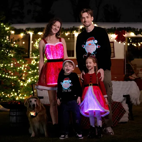 Go-Glow Christmas Family Matching Long-sleeve Tops with Santa Embroidery Glowing & Illuminating Dress with Light Up Skirt Including Controller (Built-In Battery)