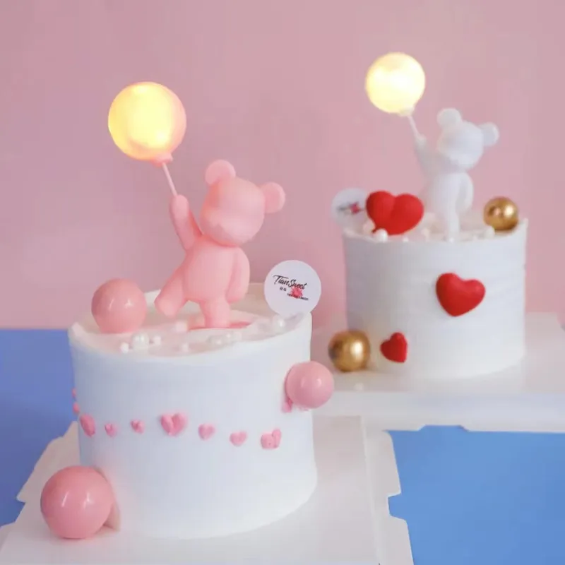 اعتراف بالون الدب مع الأضواء - ديكور كعكة رومانسية لعيد الحب زهري big image 1